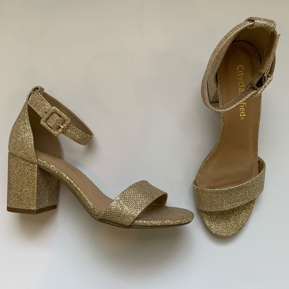 Gold shimmer open toe block heel dress sandals - Picture 3 of 5